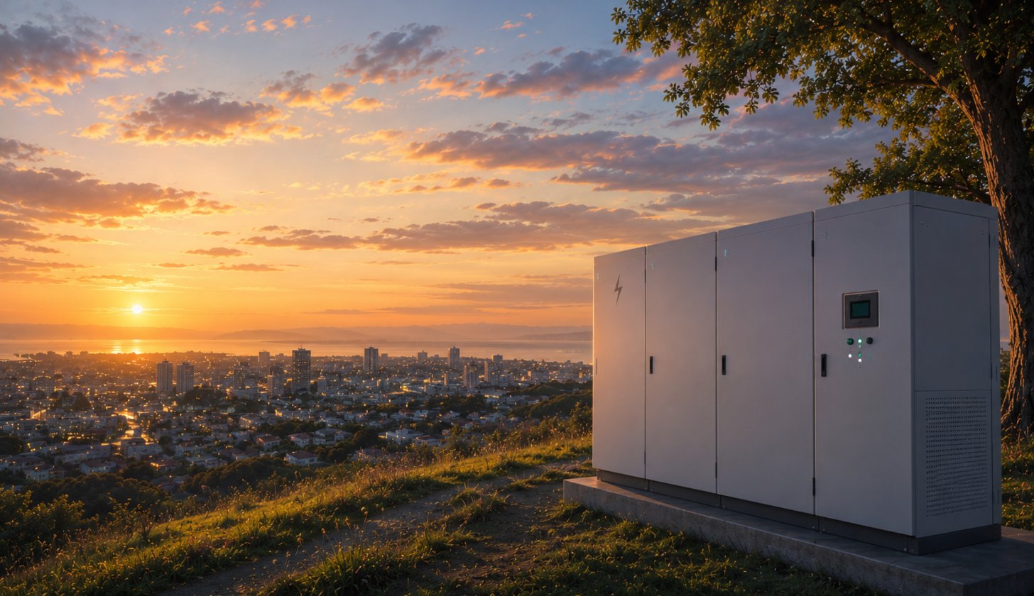 夕暮れの街並みと蓄電システム